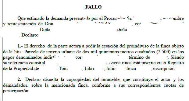 Sentencia extincion de condominio garon abogados