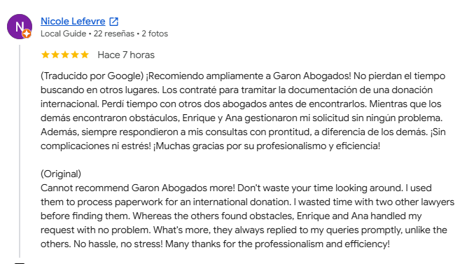 positive review of monetary donations from abroad to garon abogados spain